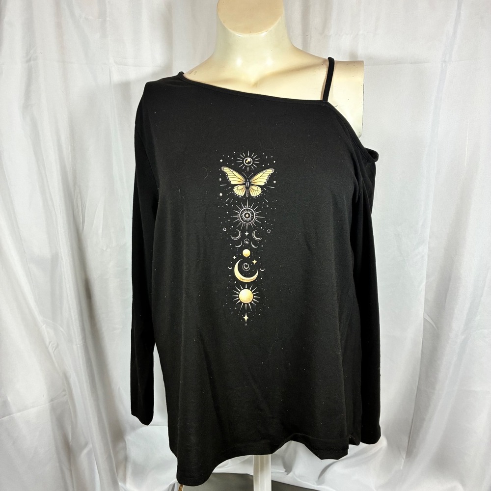 Celestial Butterfly Cold Shoulder Top Black Long Sleeve Graphic Tee 1XL